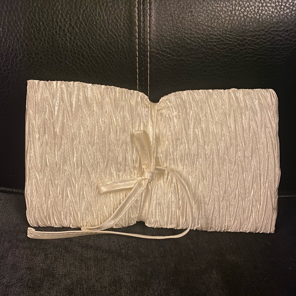Satiny White Tie-Front Cosmetic Bag | Travel Makeup Organizer | Clutch - Picture 2 of 4